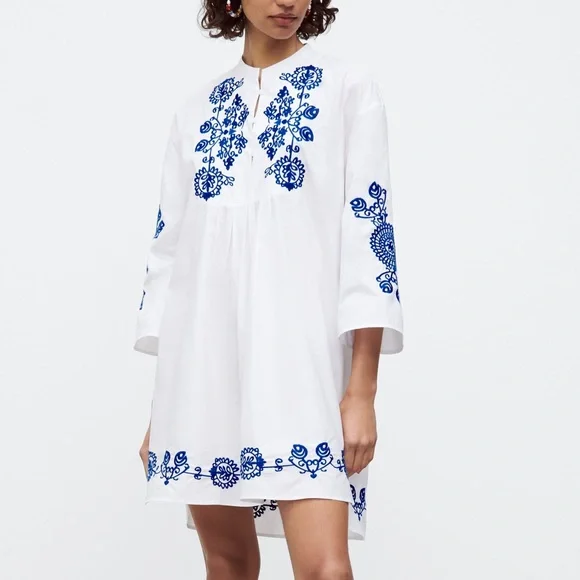 Zara White Mini Dress with Blue Floral Embroidery - Picture 2 of 10